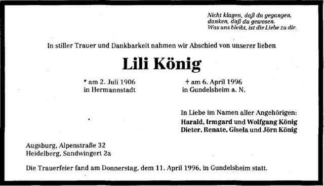 Koenig Lili 1906-1996 Todesanzeige